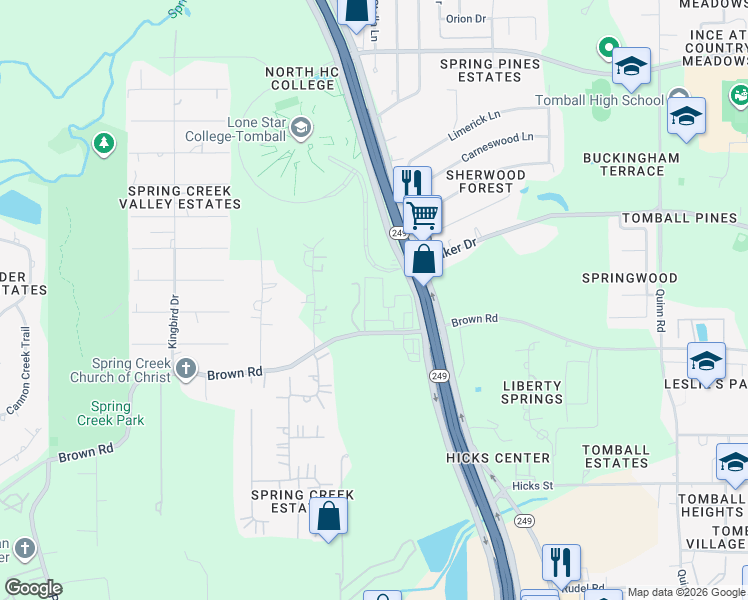 map of restaurants, bars, coffee shops, grocery stores, and more near 29807 Texas 249 in Tomball