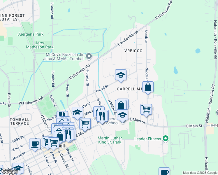 map of restaurants, bars, coffee shops, grocery stores, and more near 629b Carrell Street in Tomball