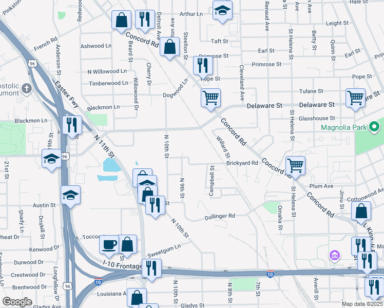 map of restaurants, bars, coffee shops, grocery stores, and more near 2650 Brickyard Road in Beaumont