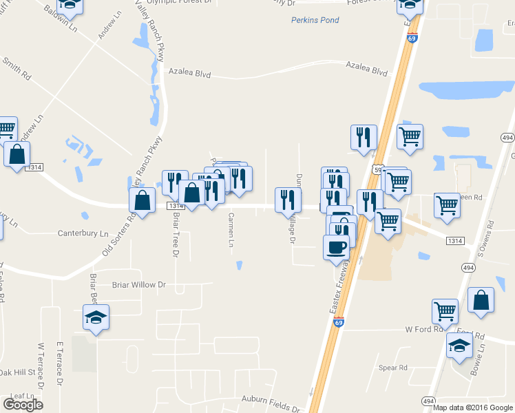 map of restaurants, bars, coffee shops, grocery stores, and more near 24300 Farm to Market Road 1314 in Porter