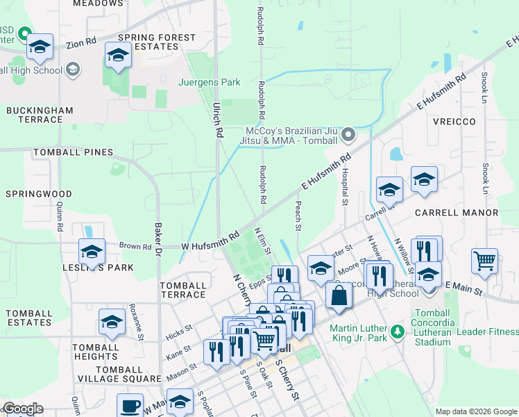map of restaurants, bars, coffee shops, grocery stores, and more near 201 East Hufsmith Road in Tomball