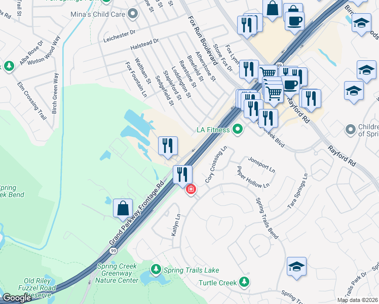 map of restaurants, bars, coffee shops, grocery stores, and more near 2121 Riley Fuzzel Road in Spring