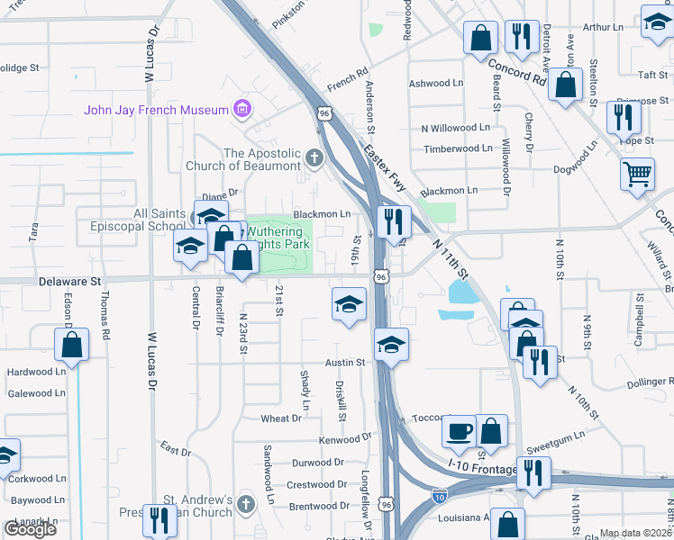 map of restaurants, bars, coffee shops, grocery stores, and more near 4 Acadiana Court in Beaumont