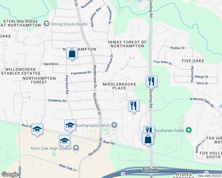 map of restaurants, bars, coffee shops, grocery stores, and more near 6011 Elmgrove Road in Spring