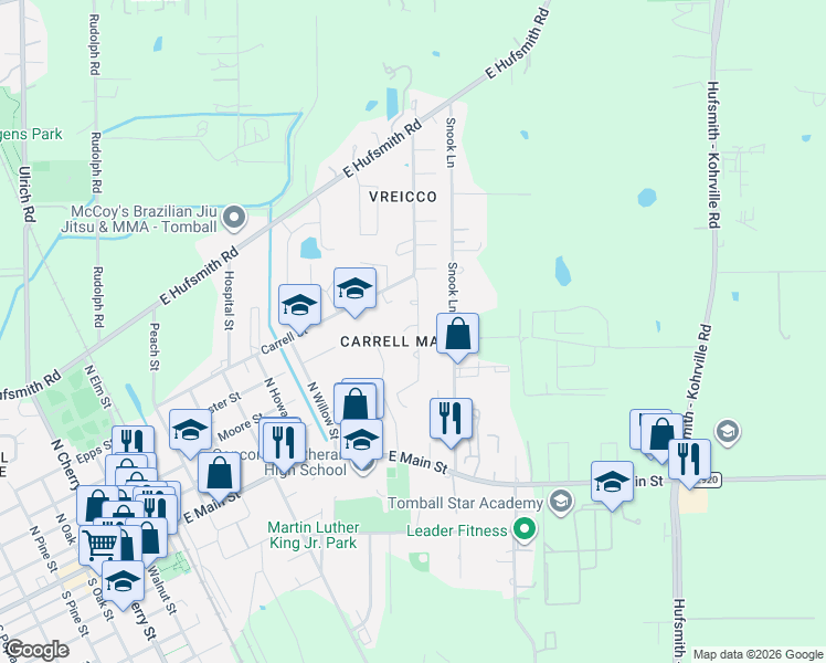 map of restaurants, bars, coffee shops, grocery stores, and more near 930 Mainer Lane in Tomball