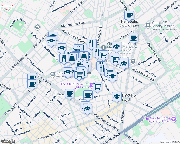map of restaurants, bars, coffee shops, grocery stores, and more near in El Nozha