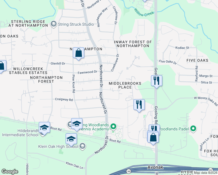 map of restaurants, bars, coffee shops, grocery stores, and more near 6106 Darby Way in Spring