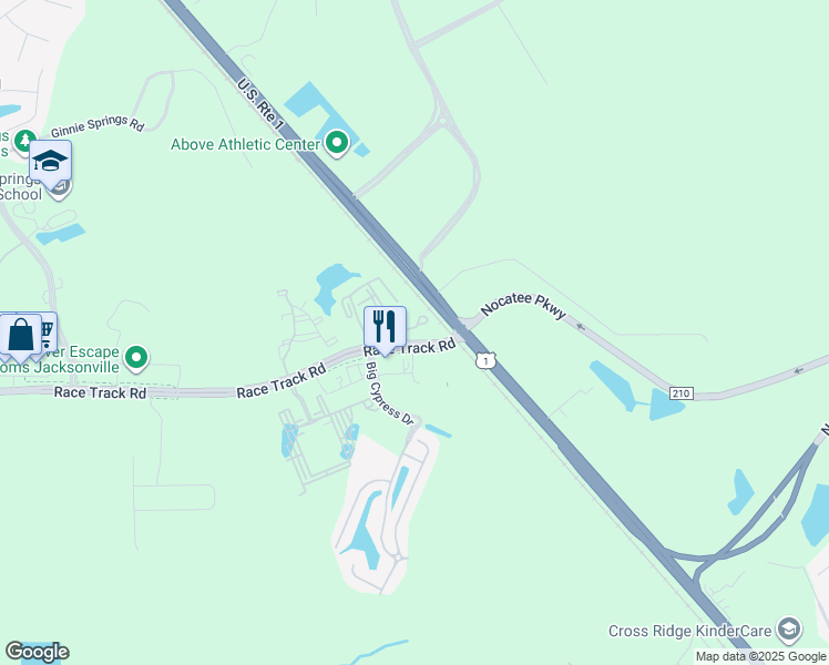 map of restaurants, bars, coffee shops, grocery stores, and more near 6493 Race Track Road in Jacksonville