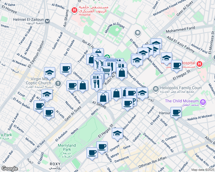 map of restaurants, bars, coffee shops, grocery stores, and more near Gesr Al Suez in Zeitoun