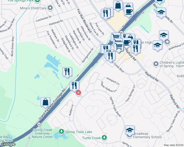 map of restaurants, bars, coffee shops, grocery stores, and more near 2303 Cory Crossing Ln in Spring