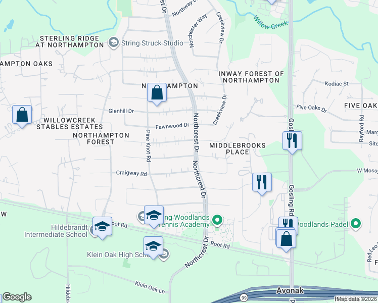 map of restaurants, bars, coffee shops, grocery stores, and more near 6206 Darby Way in Spring