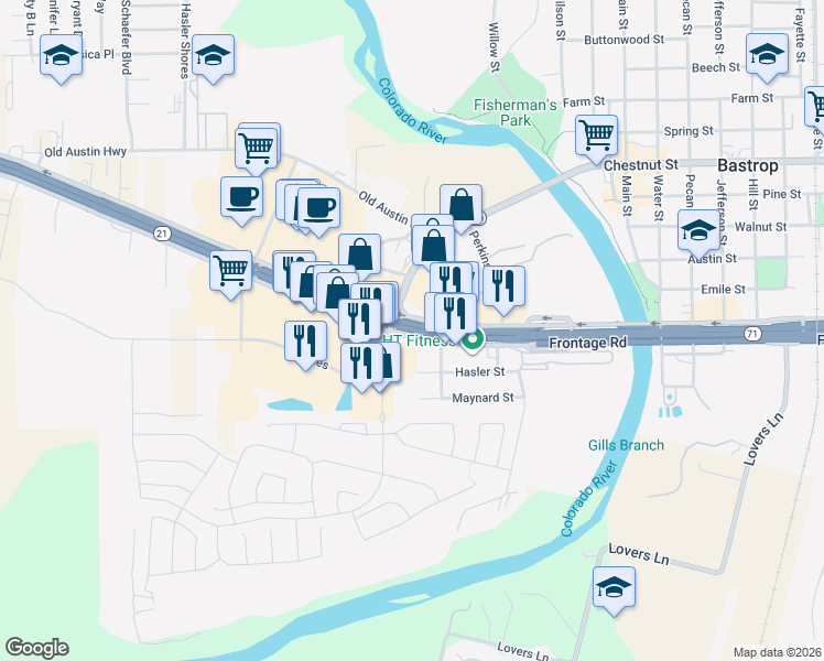 map of restaurants, bars, coffee shops, grocery stores, and more near 203 State Highway 21 West in Bastrop