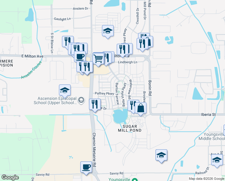 map of restaurants, bars, coffee shops, grocery stores, and more near 505 Harbor Road in Youngsville