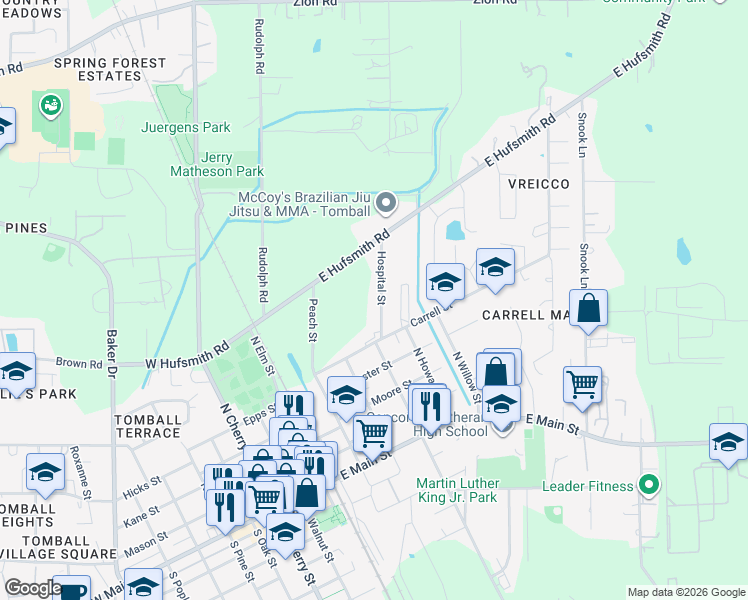 map of restaurants, bars, coffee shops, grocery stores, and more near 606 Hospital Street in Tomball