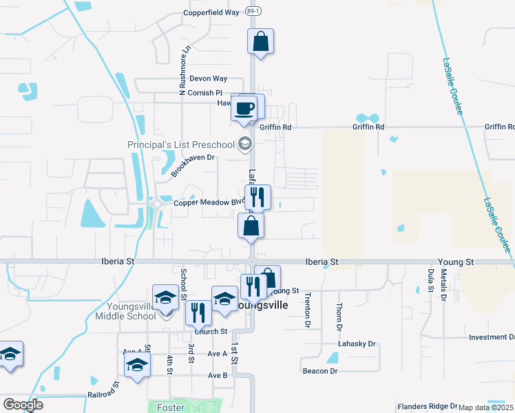 map of restaurants, bars, coffee shops, grocery stores, and more near 514 Lafayette Street in Youngsville