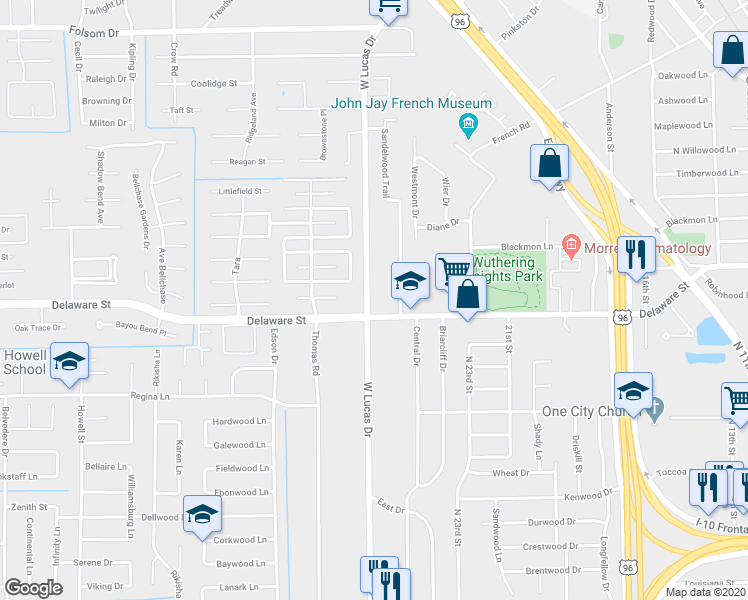 map of restaurants, bars, coffee shops, grocery stores, and more near 2450 West Lucas Drive in Beaumont