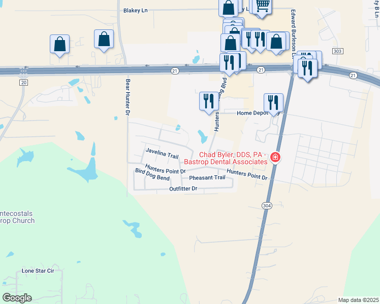 map of restaurants, bars, coffee shops, grocery stores, and more near 100 Wildcat Drive in Bastrop
