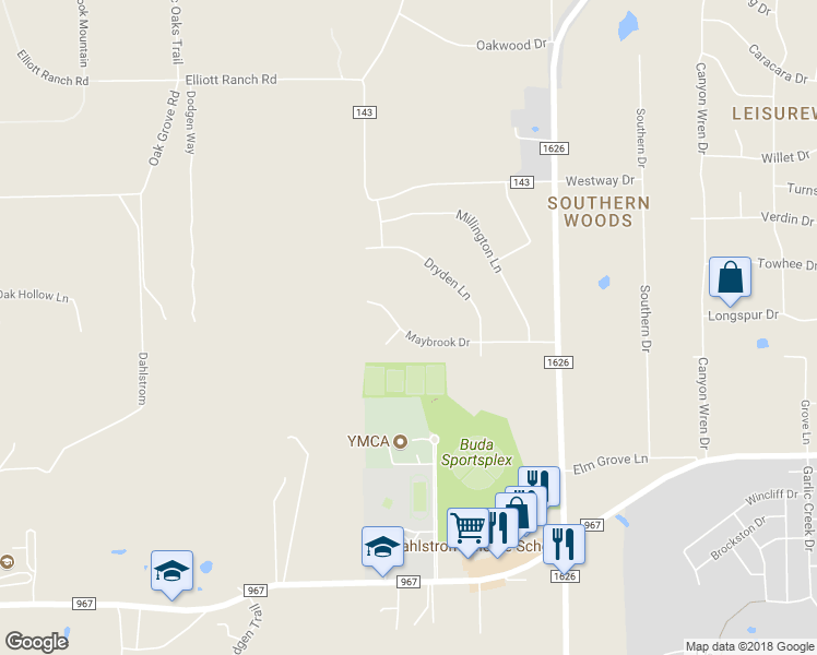 map of restaurants, bars, coffee shops, grocery stores, and more near 420 Maybrook Drive in Buda