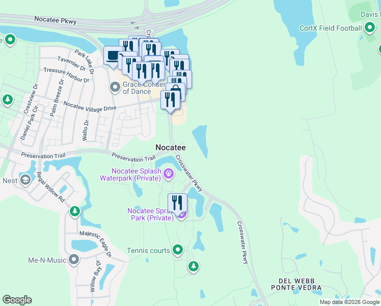 map of restaurants, bars, coffee shops, grocery stores, and more near 999 Crosswater Parkway in Nocatee