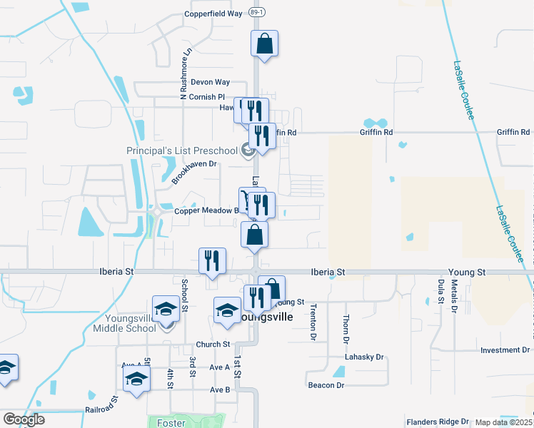 map of restaurants, bars, coffee shops, grocery stores, and more near 514 Lafayette Street in Youngsville