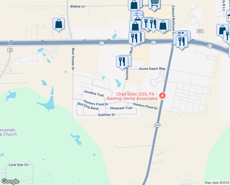 map of restaurants, bars, coffee shops, grocery stores, and more near 100 Wildcat Drive in Bastrop