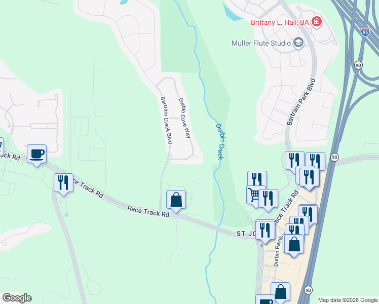 map of restaurants, bars, coffee shops, grocery stores, and more near 6501 Cypress Crossing Court in Jacksonville