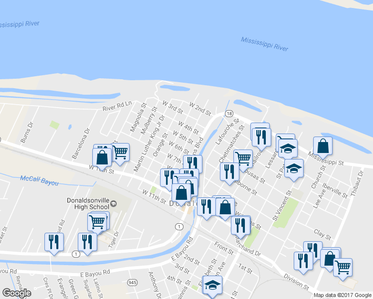 map of restaurants, bars, coffee shops, grocery stores, and more near 1063 West 6th Street in Donaldsonville