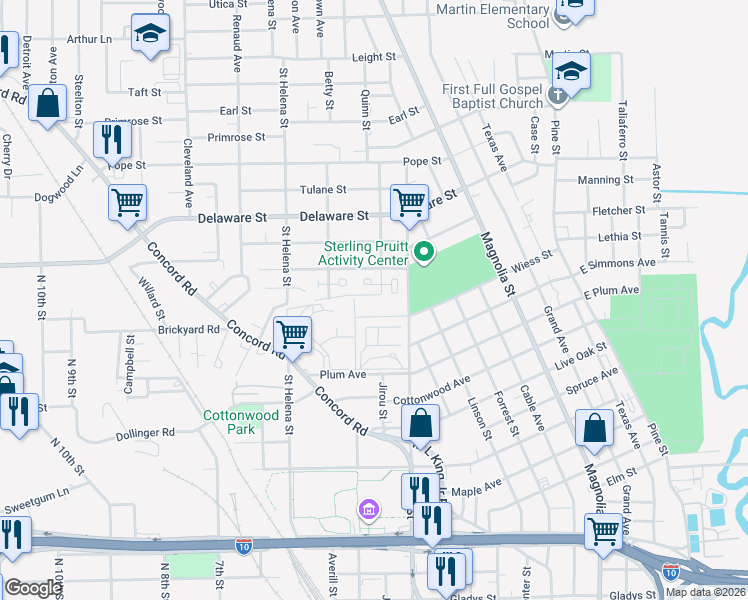map of restaurants, bars, coffee shops, grocery stores, and more near 1715 Maime Street in Beaumont
