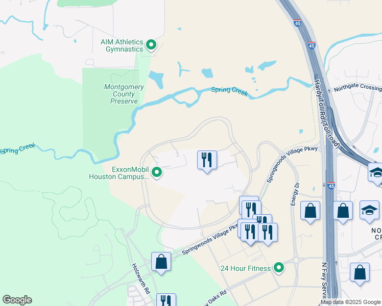 map of restaurants, bars, coffee shops, grocery stores, and more near 22777 Springwoods Village Parkway in Spring