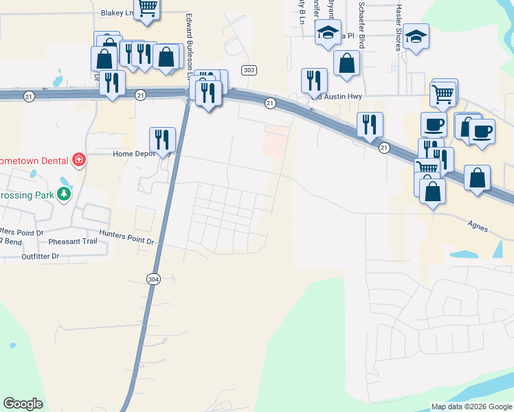 map of restaurants, bars, coffee shops, grocery stores, and more near State Highway 304 in Bastrop