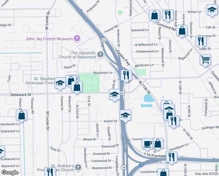 map of restaurants, bars, coffee shops, grocery stores, and more near 4 Acadiana Court in Beaumont
