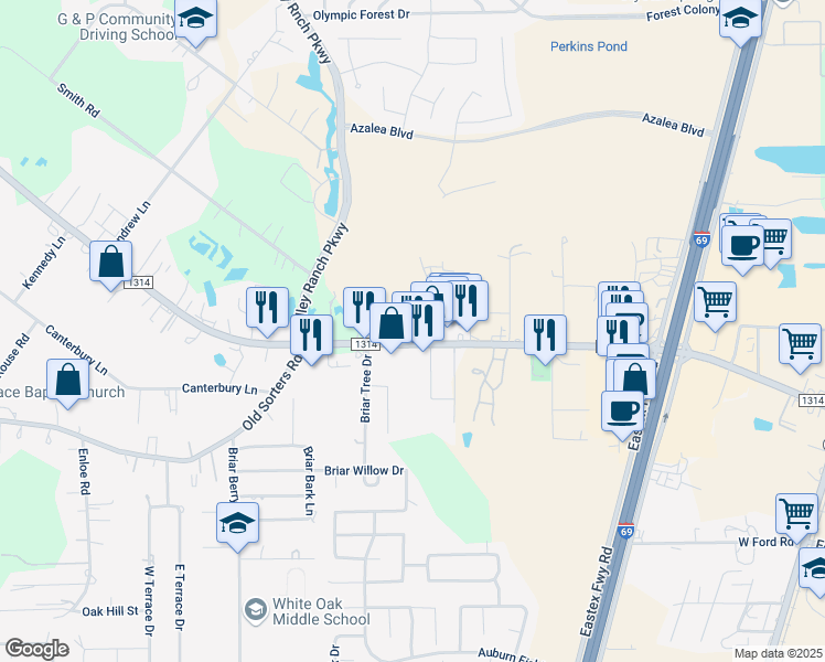 map of restaurants, bars, coffee shops, grocery stores, and more near 24173 Farm to Market Road 1314 in Porter