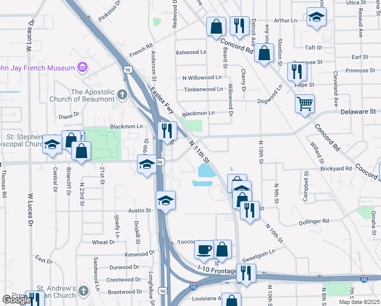 map of restaurants, bars, coffee shops, grocery stores, and more near 3325 Delaware Street in Beaumont