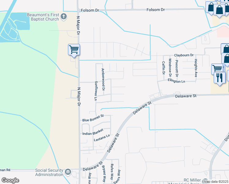 map of restaurants, bars, coffee shops, grocery stores, and more near 7780 Windchase Drive in Beaumont