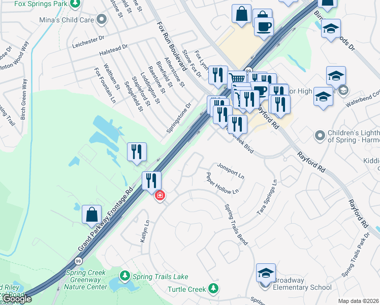 map of restaurants, bars, coffee shops, grocery stores, and more near 2303 Cory Crossing Lane in Spring