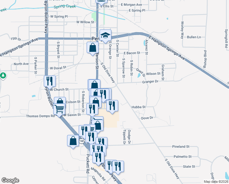 map of restaurants, bars, coffee shops, grocery stores, and more near 119 East Church Street in Perry