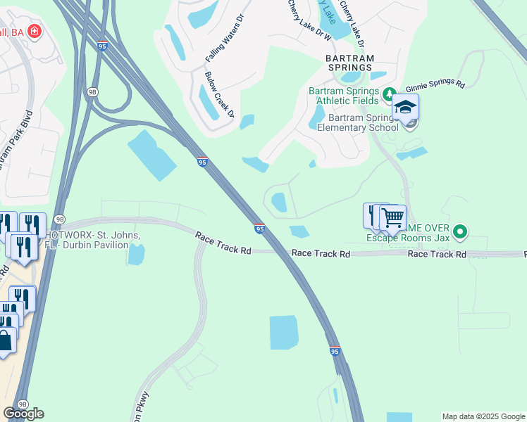 map of restaurants, bars, coffee shops, grocery stores, and more near 6012 Bartram Village Drive in Jacksonville