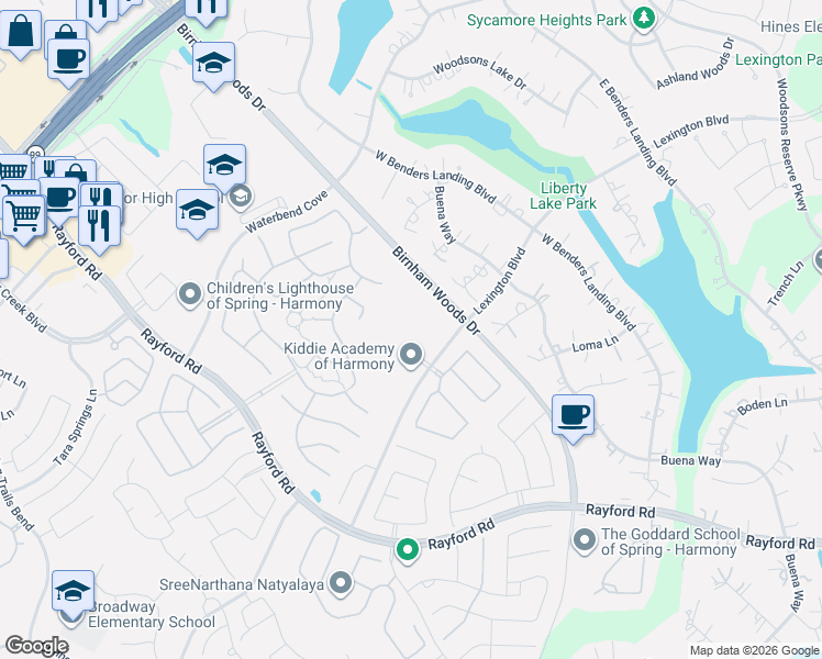 map of restaurants, bars, coffee shops, grocery stores, and more near Smooth Brome Lane in Spring