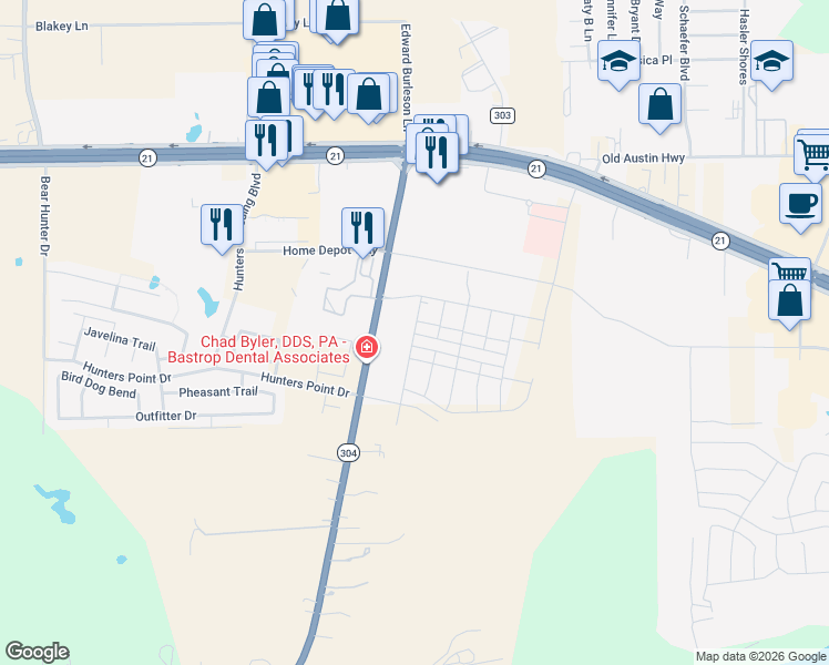 map of restaurants, bars, coffee shops, grocery stores, and more near 243 Highway 304 in Bastrop