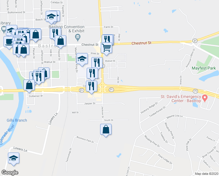map of restaurants, bars, coffee shops, grocery stores, and more near 324 Texas 71 in Bastrop