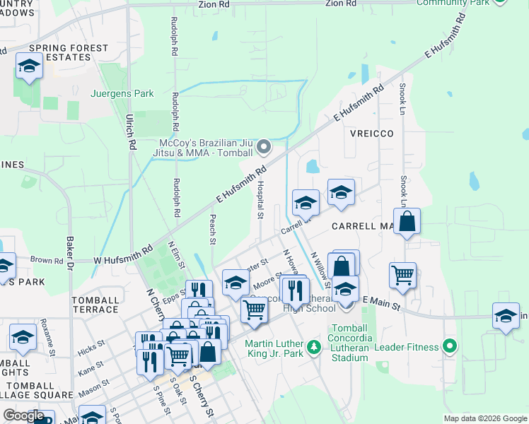 map of restaurants, bars, coffee shops, grocery stores, and more near 606 Hospital Street in Tomball