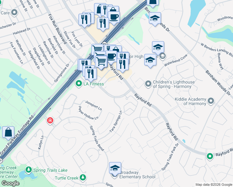 map of restaurants, bars, coffee shops, grocery stores, and more near 3433 Discovery Creek in Spring