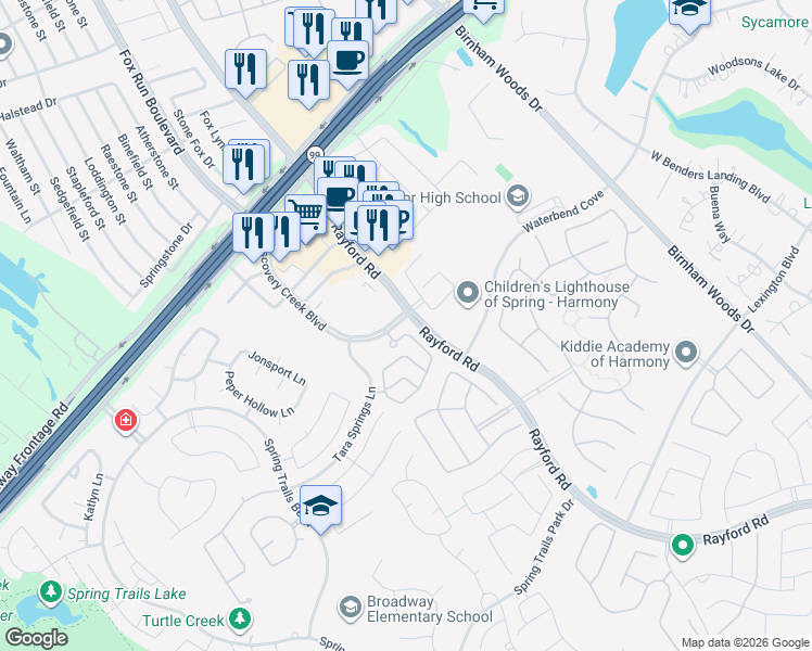 map of restaurants, bars, coffee shops, grocery stores, and more near 3142 Harmony Meadows Lane in Spring