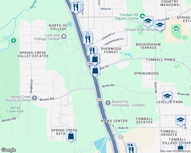 map of restaurants, bars, coffee shops, grocery stores, and more near 29909 State Highway 249 in Tomball