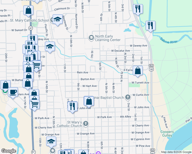 map of restaurants, bars, coffee shops, grocery stores, and more near 706 Burton Avenue in Orange