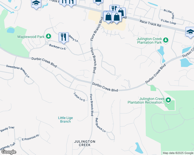 map of restaurants, bars, coffee shops, grocery stores, and more near 124 Lupine Drive in Jacksonville