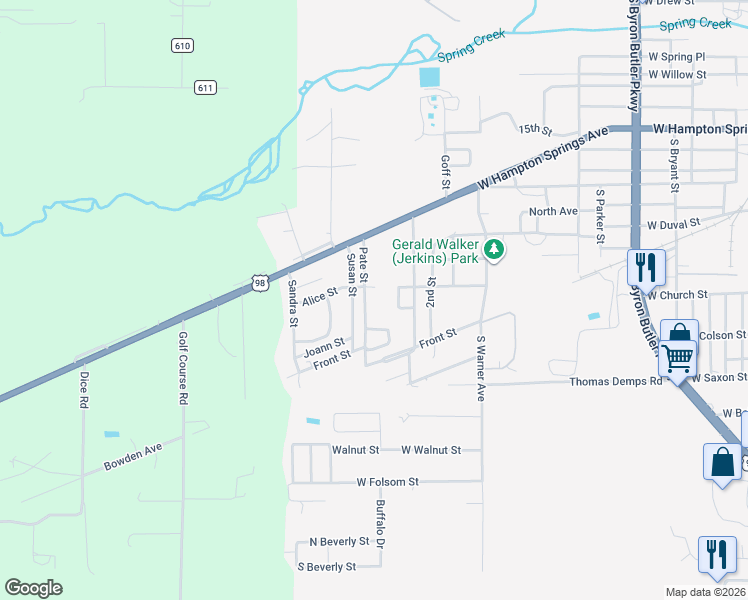 map of restaurants, bars, coffee shops, grocery stores, and more near 204 Susan Street in Perry