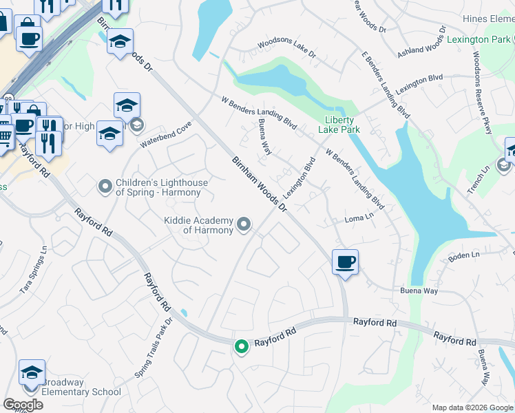 map of restaurants, bars, coffee shops, grocery stores, and more near 3619 Concordance Drive in Spring