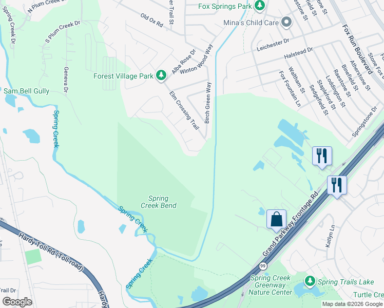map of restaurants, bars, coffee shops, grocery stores, and more near 2680 Magnolia Fair Way in Spring