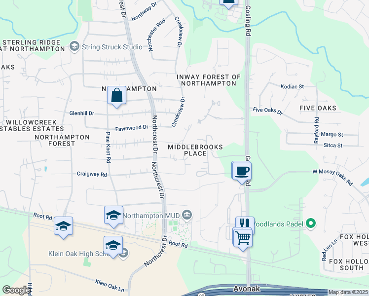 map of restaurants, bars, coffee shops, grocery stores, and more near 6011 Elmgrove Road in Spring